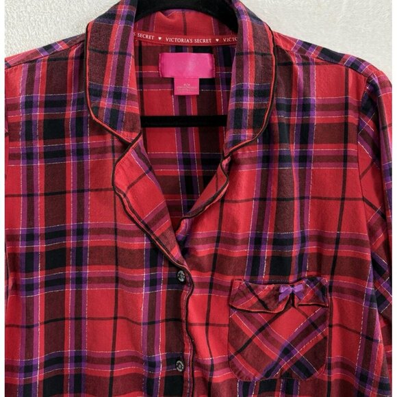 VICTORIA'S SECRET Women Flannel Pajama Set SZ M Red Purple Metallic Plaid 8-10 - Picture 4 of 10